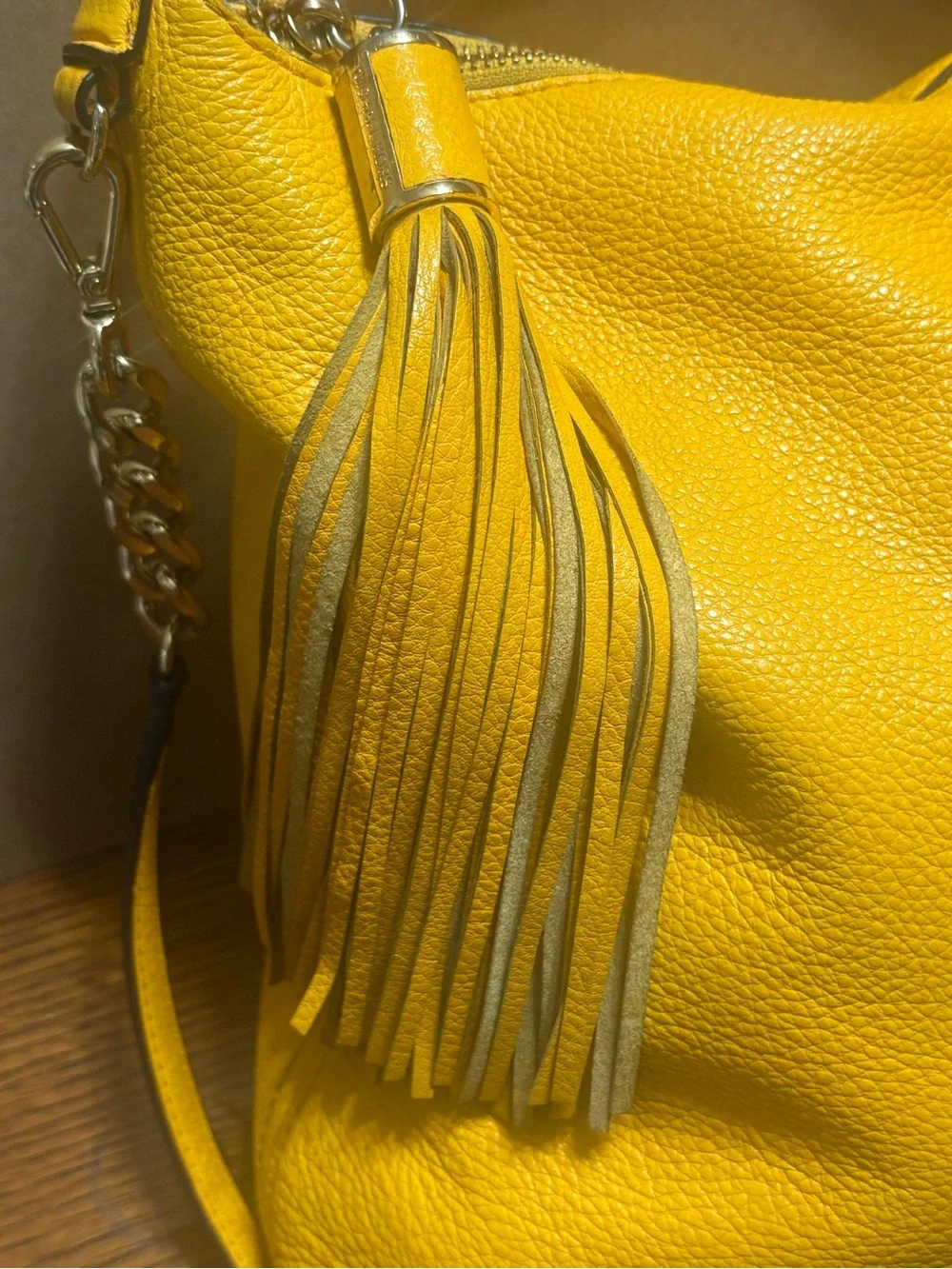 Michael Kors Bedford Yellow Pebbled Leather Hobo Tassel & Chain Strap in Mustard